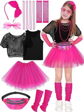 Aothso Kb4486 14 Pieces Girls 80s Outfit Accessories Set Halloween Small Hot Pink