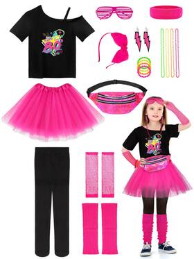 Aothso Kb7005 18 Pieces 80s Outfit For Kids Girls Costume X-large Hot Pink