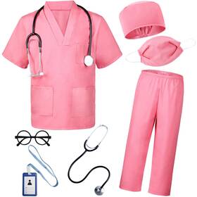 5t-6t Bomly Dc-01 Doctor Costume For Kids 7pcs Toddler Nurse Scrubs Set With Pink
