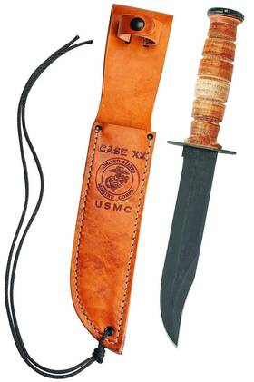 00334 Case Ca334 Military Usmc Knife With Fixed 1095 Carbon Blade Genuine Leather