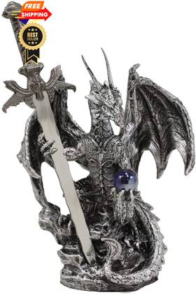6016986 Ebros Gift Legendary Silver Dragon Carrying Magical Small Blue Orb