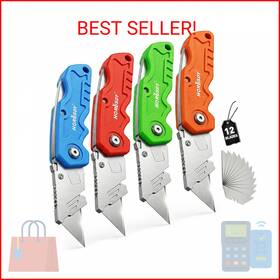Horusdy 97581s 4-pack Folding Utility Knife Set Heavy-duty Box Cutters With 12 Extra B