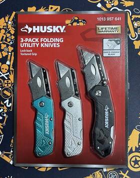 1013 Husky 194767001438 3 Pack Folding Utility Knives 957 641 Lock Back Textured Grip New