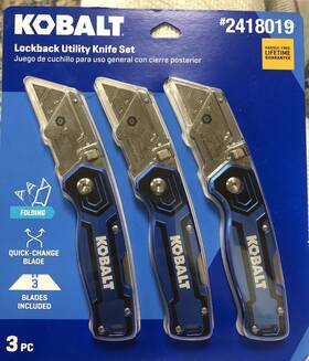 2418019 Kobalt 3 Piece Folding Lockback Knife Set Attached Belt Clip