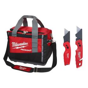 48-22-8321-48-22-1503 Milwaukee 15 Inch Packout Tool Bag/tote With Fastback Folding Utility Knife Set 2-pack