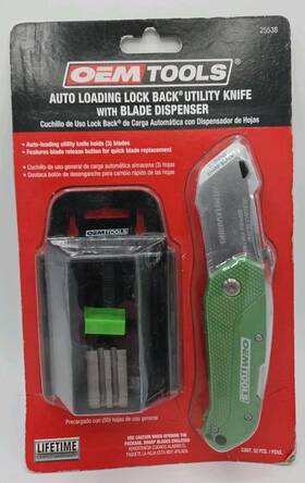 25538 Oemtools #25538 Auto Loading Lock Back Utility Knife With Box Of 50 Blades New
