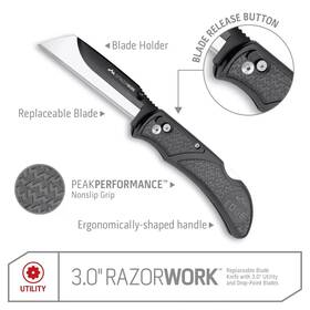 Rw30-60c Outdoor Edge 3 Inch Razorwork Replaceable Blade Folding Utility Knife Gray