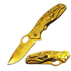 5583-gd Rtek 4.75 Inch Heavy Duty Gold Wolf Metal Handle Folding Knife With Belt Clip