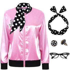 Somsoc Ua5252 5 Pieces 1950s Women Pink Satin Jacket With Polka Dot Small