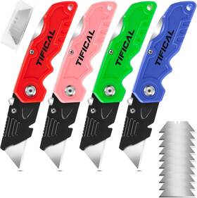 Tifical 313088714708 4 Pack Box Cutter Folding Utility Knife Extra 10 Blades Included Quick Change