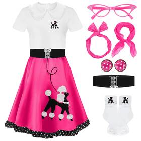 Vinsatin Rui-vinsatin-0819 8 Pcs 50s Poodle Skirt Costume Girls Kids Sock 7-9 Years Hot Pink