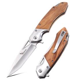 Viuorwi 735083486181 Folding Knife 3.46 Inch D2 Steel Blade With Olive Wood Handle Liner Lock &