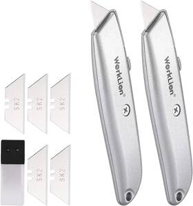 Worklion 789622496711 2 Pack Retractable Utility Knife Box Cutter With 5 Blades Heavy Duty