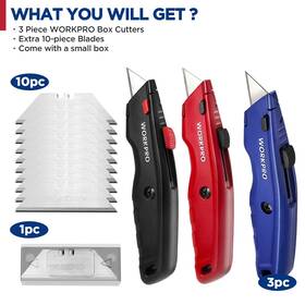 013050 Workpro 3 Pack All Metal Utility Knife Premium Retractable Heavy Duty Box Cutter