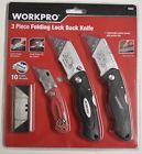 Workpro 3 Piece Folding Lock Back Utility Knife Set New With 10 Spare Blades 082090966039