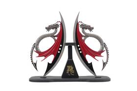 H-548 Wuu Jau Dual Fantasy Dragon Dagger Display With Wooden Stand 11 Inch