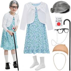 Z-oldgirl2-6 Z-shop Old Lady Costume For Girls 100th Day Of Small 5-7yr Multicolored