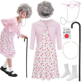 Zs-olddressgirls1-6 Zeroshop 100th Day Of School Kids Old Lady Costume Girls Small 5-7yr Pink