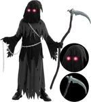 Kids Glowing Eyes Grim Reaper Costume With Light Up Glasses Gloves, Hood & Chain. Fixed Price $75.99.