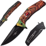 8.5" Spring Open Assisted Tiger Printed Handle Folding Pocket Knife. Fixed Price $19.50.
