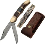 Pocket Knife Damascus Steel 2 Folding Blade Stag/horn Handle + Leather Sheath. Fixed Price $68.88.