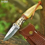 Damascus Folding Blade Pocket Knife Outdoor Skinner- Engraved Bone Handle. Fixed Price $33.96.