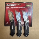Brand New Husky 3 Pack Folding Utility Knife With Locking Back Texture Grip. Fixed Price $19.00.