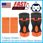 100 Pcs Plastic Razor Blades + 2 Scraper Double Edged Sticker Removal Tool. Fixed Price $9.99.