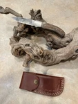 Big Damascus Folding Blade Knife W/ Rams Horn Handle & Leather Sheath Made. Fixed Price $24.00.