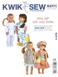 Kwik Sew K3771 18" Doll Clothes - Pajamas, Ruffle Dresses, Hat & Purse Uncut. Fixed Price $9.95.