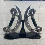 11" Dual Fantasy Silver Dragon Blade Knife With Wooden Display Stand **read**. Fixed Price $39.99.