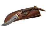 New 8" Damascus Steel, Stag Horn Handle Hunter Skinning Knife W/ Brown Sheath. Fixed Price $32.49.