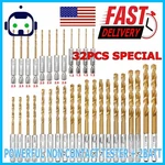 32PC 1/4'' Hex Shank Titanium Coated Steel Drill Bit Set Metal Wood Quick Change. Fixed Price $9.99.