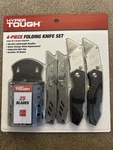 4-PIECE Hyper Tough Folding Utility Knife Set Integrated Belt Clip & 29 Blades. Fixed Price $19.00.